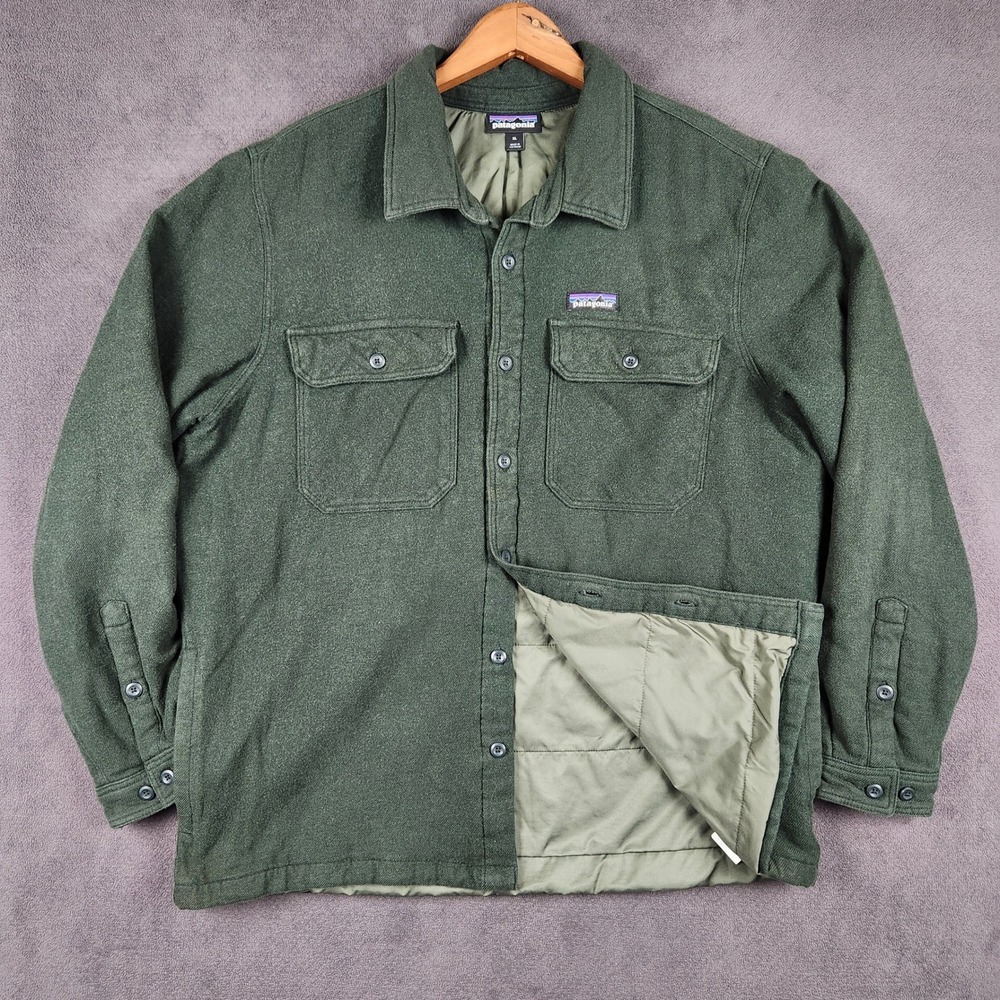 Patagonia Insulated Fjord Flannel Jacket Mens XL Green Button Up Shirt 27640
